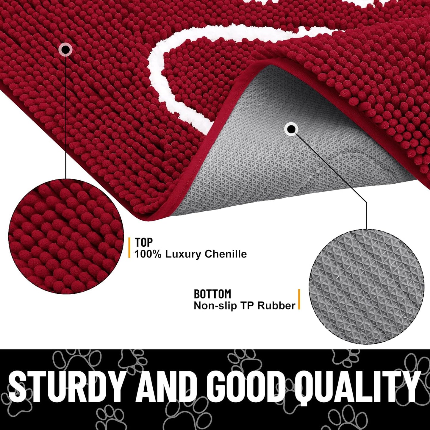 Smiry Dog Door Mat for Muddy Paws, Absorbent Dirt Trapper Non Slip Quick Dry Washable Chenille Mat for Mud Dogs, Entry Rug for Indoor and Outdoor (24x16 Inches, Red)