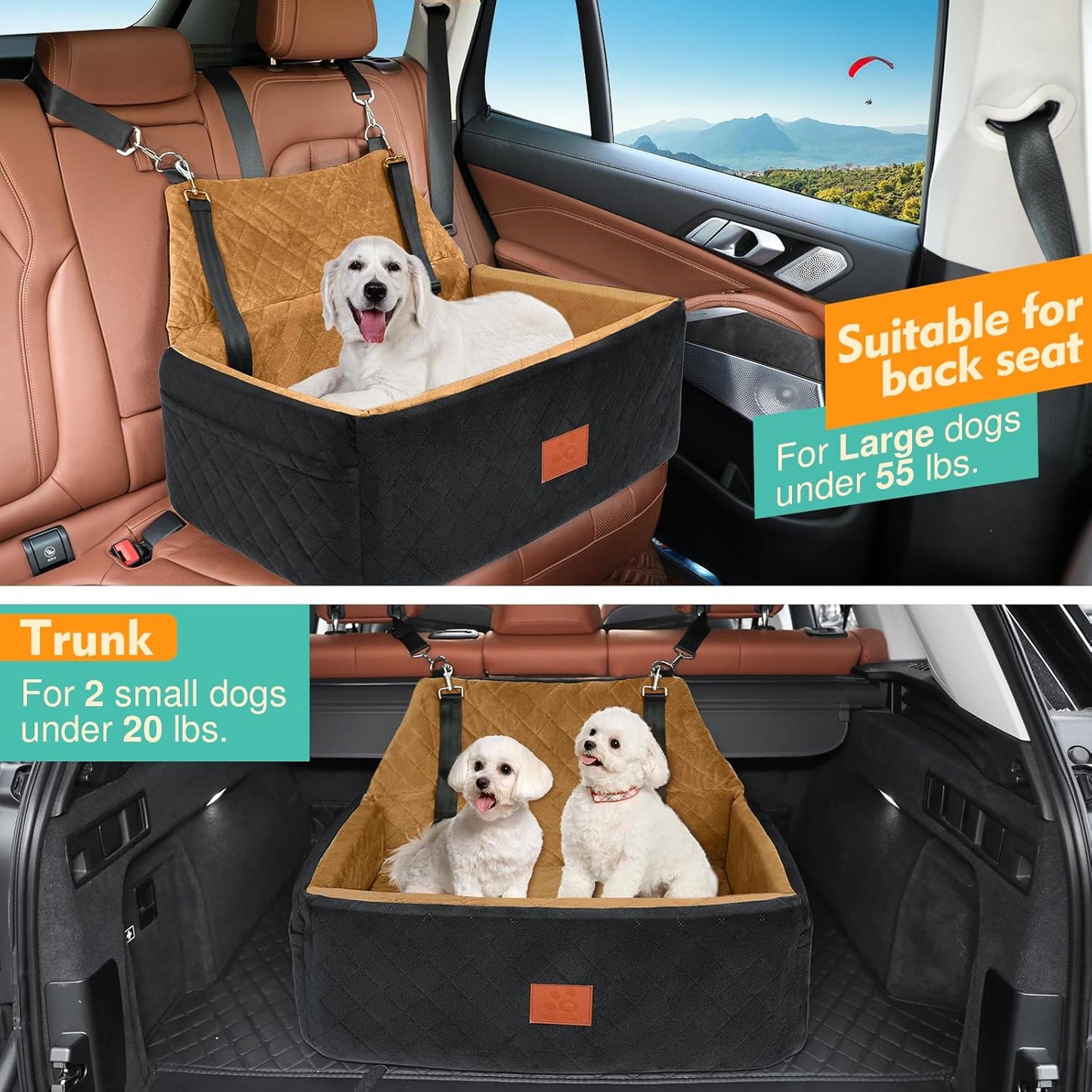 Dog Car Seat for Large Medium Dogs,Washable Pet Car Seat Under 55 lbs or 2 Small Dogs,Dog Booster Seat with Thick Cushion,2 Safety Leashes Travel Car Dog Bed