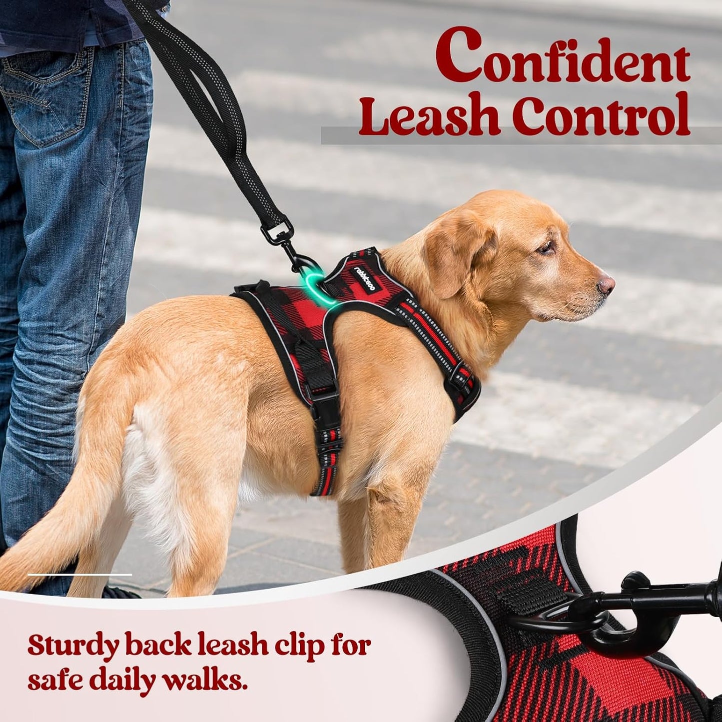 rabbitgoo Dog Harness No Pull with 2 Leash Clips, Adjustable Soft Padded, Reflective Oxford No Choke Pet Vest with Easy Control Handle for Large Dogs, Red Plaid, XL