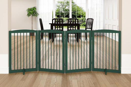 Freestanding Pet Gate for Dogs, Indoor Wooden Dog Gate for House, Foldable Dog Gate for Doorway, Stair, Step Over Pet Puppy Safety Fence Tall, 80 Inch Wide, 4 Panels 32", Green