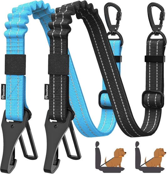 Pawaboo 2Pack Dog Seatbelt for Car, 3-in-1 Dog Seat Belt Bungee, Shockproof Dog Tether for Car with Buckle & Hook Latch, Adjustable Reflective Dog Car Harness Leash with 360° Lockable Buckle, Blue