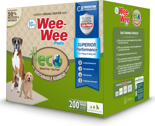 Four Paws Wee-Wee Superior Performance Bamboo Pee Pads for Dogs, Earth Friendly Dog & Puppy Potty Training Pads, Crate Liners, Housebreaking Supplies, 22" x 23" (200 Count)
