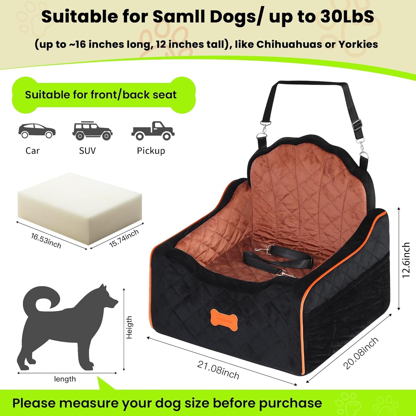 Dog Car Seat for Small Dogs Under 30lbs, Detachable Washable Pet Booster Seat with Safety Belt & Storage Pockets, Travel Car Bed, Black/Brown