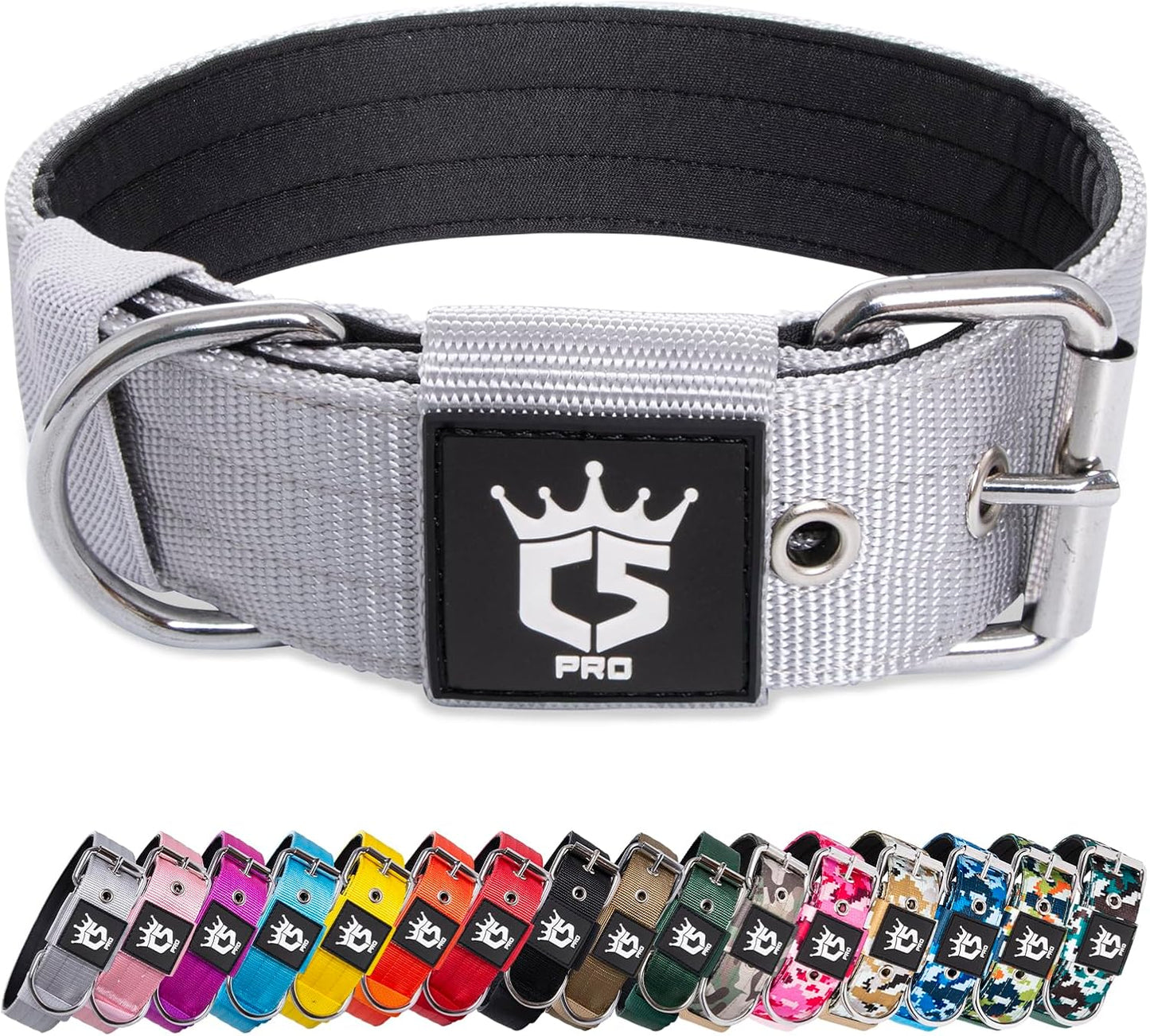 TSPRO Tactical Dog Collar 1.5 Inch Wide Thick Dog Collars with Heavy Duty Metal Buckle, Durable, Strong, Adjustable for Medium to Large Dogs (Silver M)