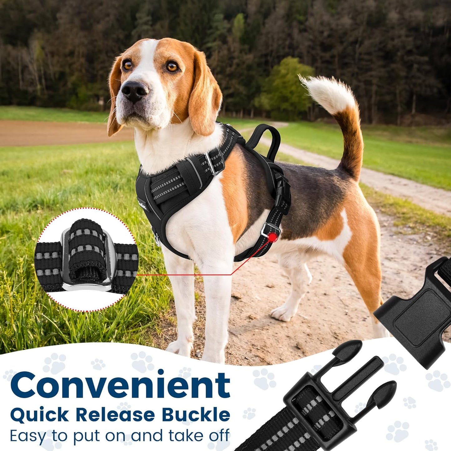 Funfox Dog Harness No Pull, Adjustable Pet Vest Harness, Super Soft Material with Vertical Handle Easy Control, Reflective Night Walking, 2 Leash Clips for Medium Sized Dogs, Black, M