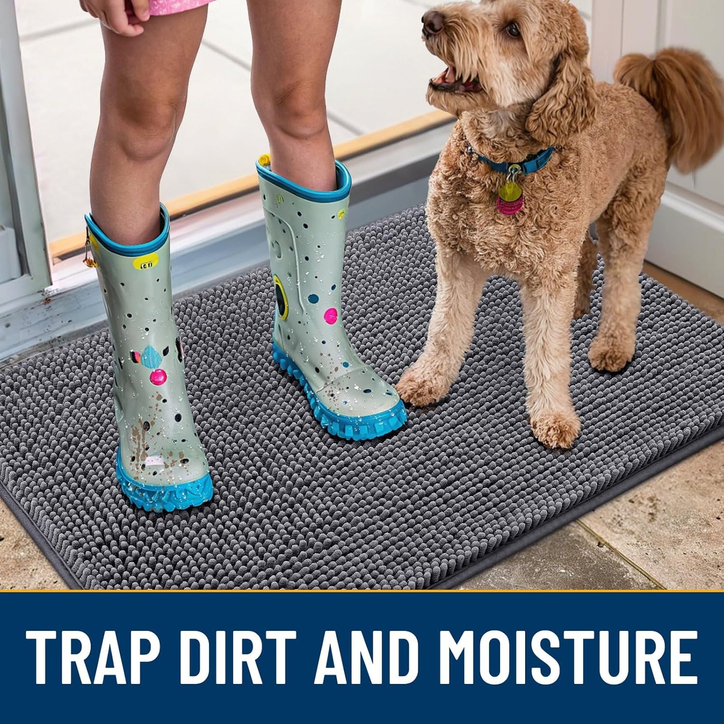 Smiry Dog Door Mat for Muddy Paws 47x24, Absorbs Moisture and Dirt Doormat, Non-Slip Washable Quick Dry Chenille Front Door Mat Indoor Entrance, Entryway Carpet for Inside Floor, Dark Grey