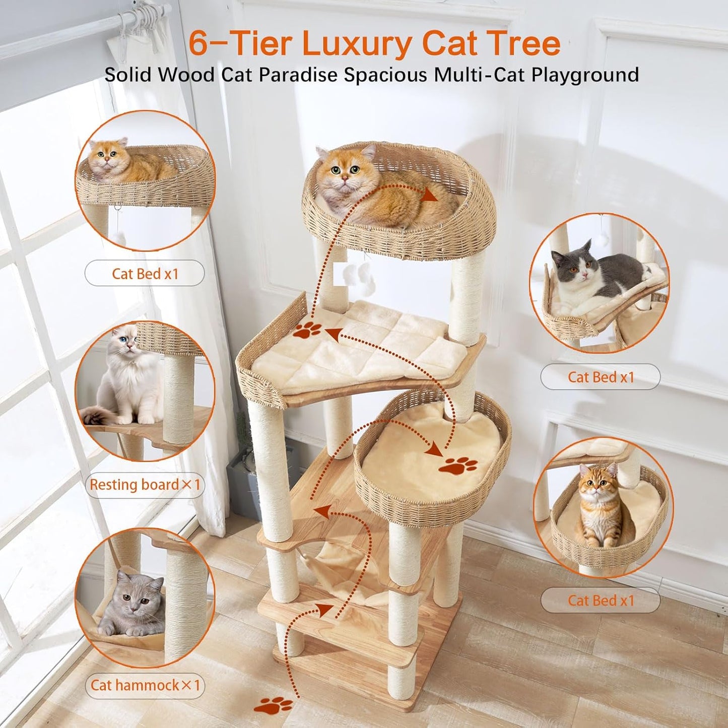 Wooden Cat Tree for Indoor Cats, 62-Inch Tall Cat Tower with Scratching Post for Large Cats, Solid Wood Cat Condo with Handwoven Basket, Modern Cat Tree Tower with Hammock, Easy to Clean