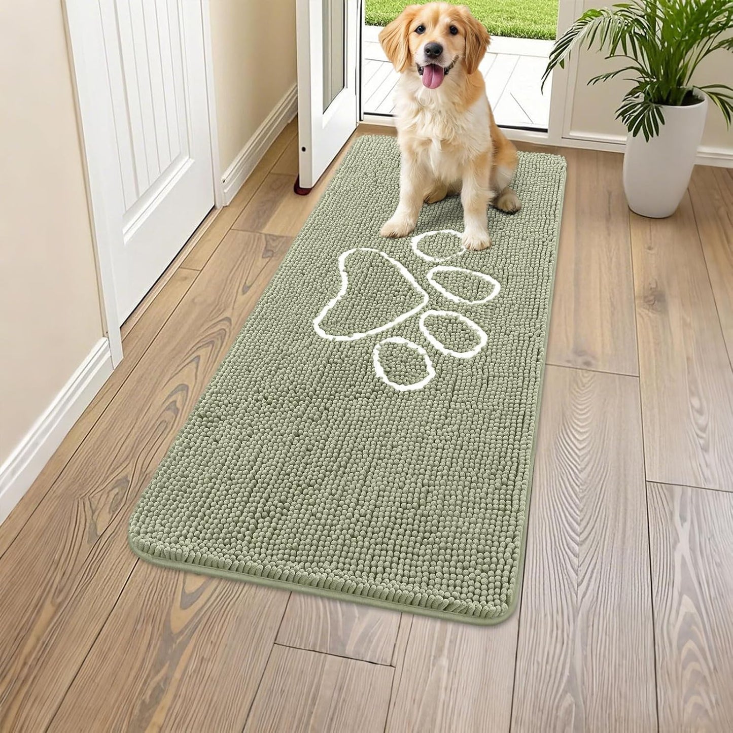 Smiry Dog Door Mat for Muddy Paws, Absorbent Dirt Trapper Non Slip Quick Dry Washable Chenille Mat for Mud Dogs, Entry Rug for Indoor and Outdoor (47x24 Inches, Sage Green)