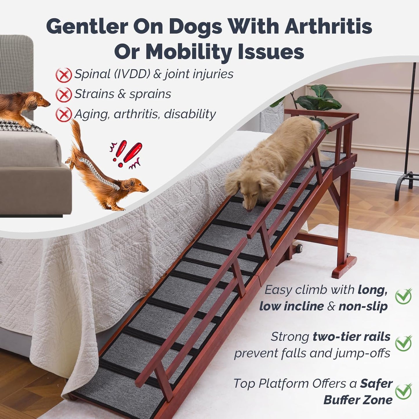 Dog Ramp for Bed or Couch, Wooden Pet Ramp with 20° Gentle Slope, Removable Side Rails, Non-Slip Surface, Top Platform & Wheels, Safe Bed Ramp for Small, Medium & Senior Dogs, 74" Long, Mahogany