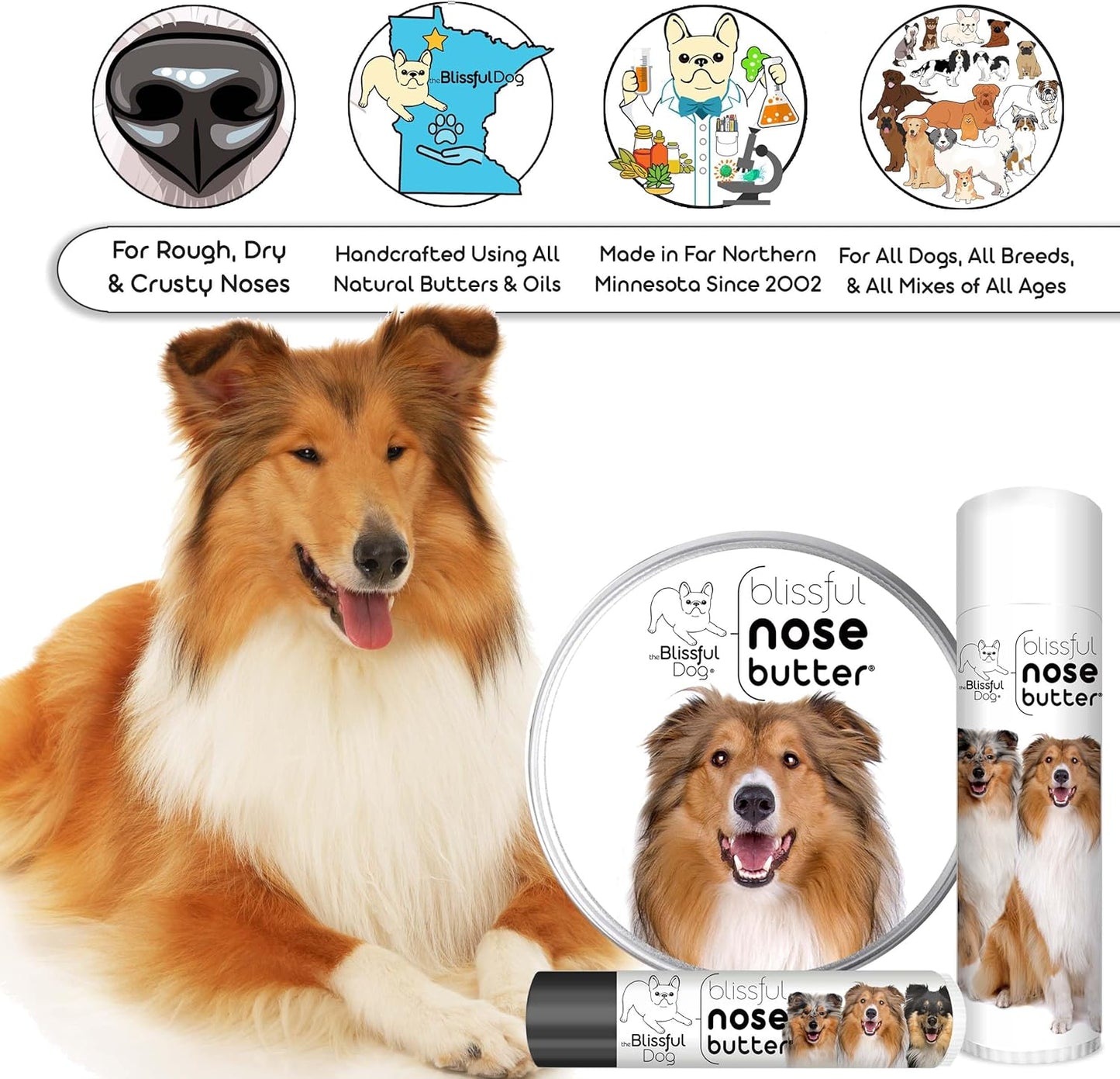 The Blissful Dog Collie Nose Butter for Dry, Cracked Skin, Lick-Safe Dog Nose Balm with Moisturizing Shea Butter, Almond, Olive, and Essential Oils, Pet Supplies, Uncented, 4 oz.