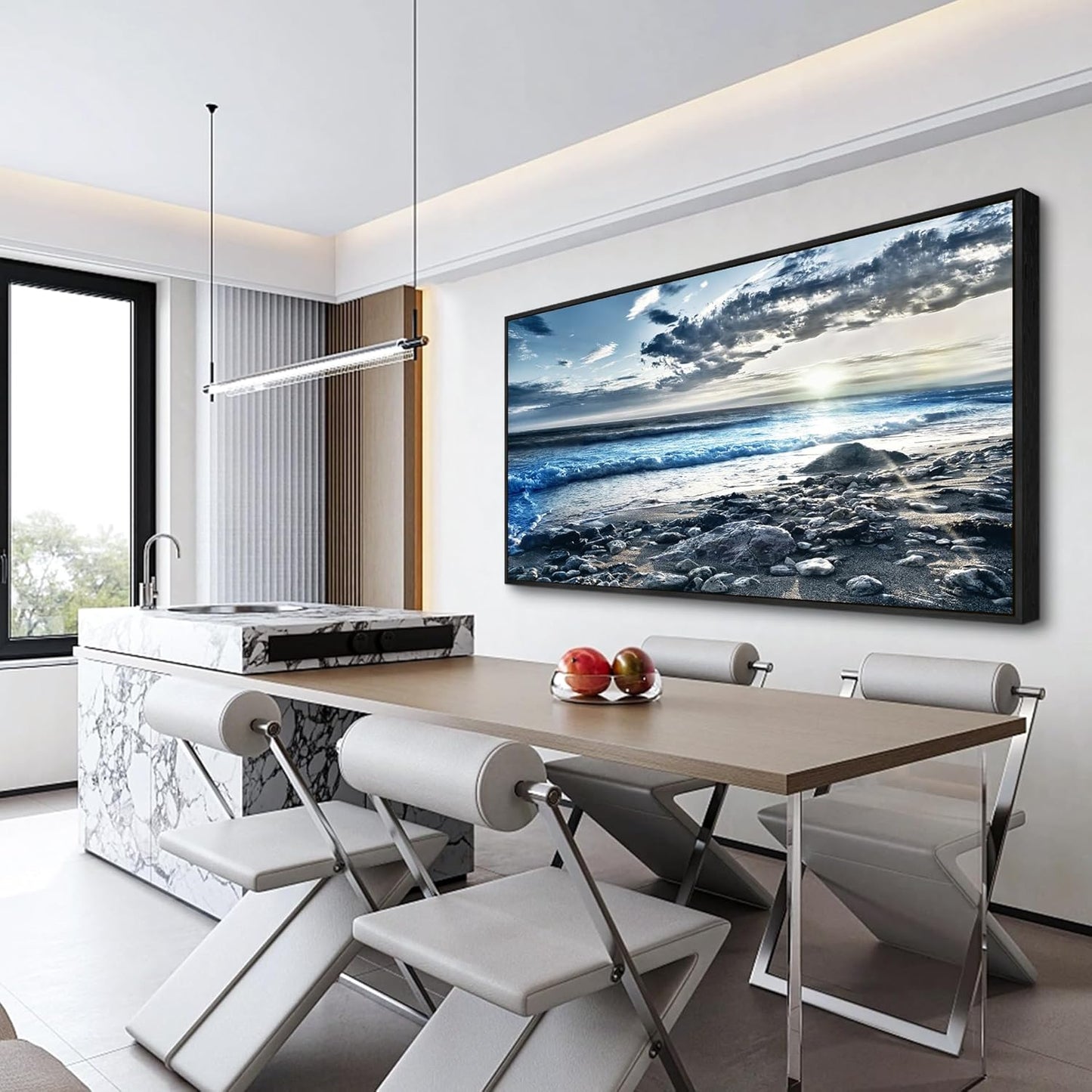 Wapluam Large Canvas Prints Wall Art For Living Room Wall Decorations For Bedroom Office Wall Decor Scenery Wall Painting Blue Sea Pictures Artwork For Fashion Black Framed Beach Posters Home Decor