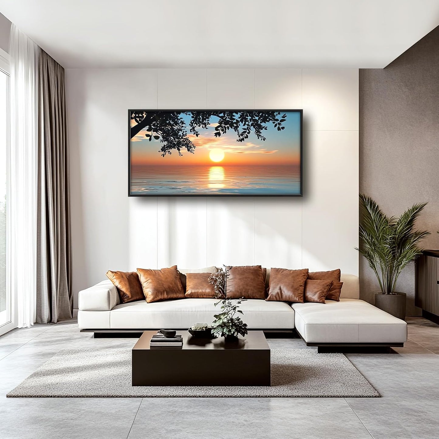 Framed Large Lake Sunset Wall Art, Oversized Natural Landscape Wall Decor for Living Room, Tree Leaves Canvas Painting Pictures Home Decoration for Living Room Bedroom Office 60"x30"