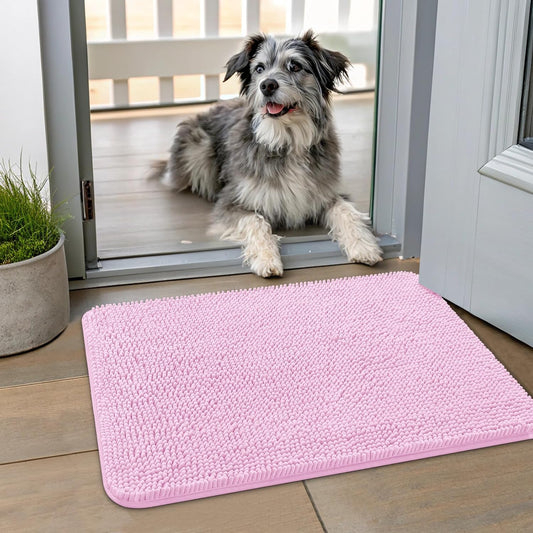 Smiry Dog Door Mat for Muddy Paws 24x16, Absorbs Moisture and Dirt Doormat, Non-Slip Washable Quick Dry Chenille Front Door Mat Indoor Entrance, Entryway Carpet for Inside Floor, Pink