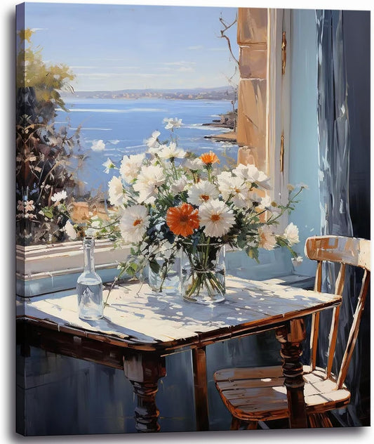 weiyiart Wall Art for Bathroom Decor Coastal Floral Canvas Print Painting Daisy Flowers Sea Picture Farmhouse Ocean Seascape Artwork for Home Living Room Bedroom Office 12x15inch