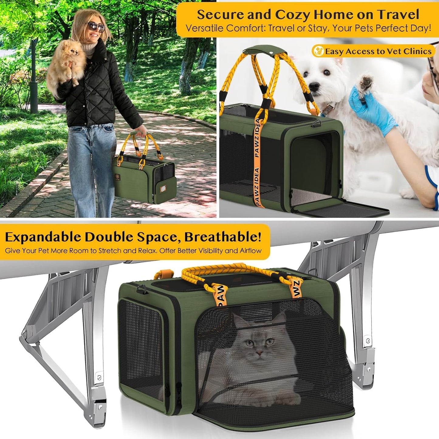 PAWZIDEA Expandable Pet Carrier w/ID Card, 18x11x11 in Small Dog Carrier TSA Airline Approved, Top Load Cat Carrier for 2 Cats Under Seat, Soft-Sided Collapsible Puppy Car Seat Dog Travel Bag, Up 15lb