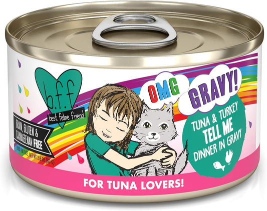 Weruva B.F.F. OMG - Best Feline Friend Oh My Gravy!, Tuna & Turkey Tell Me with Tuna & Turkey, 2.8oz Can (Pack of 12)
