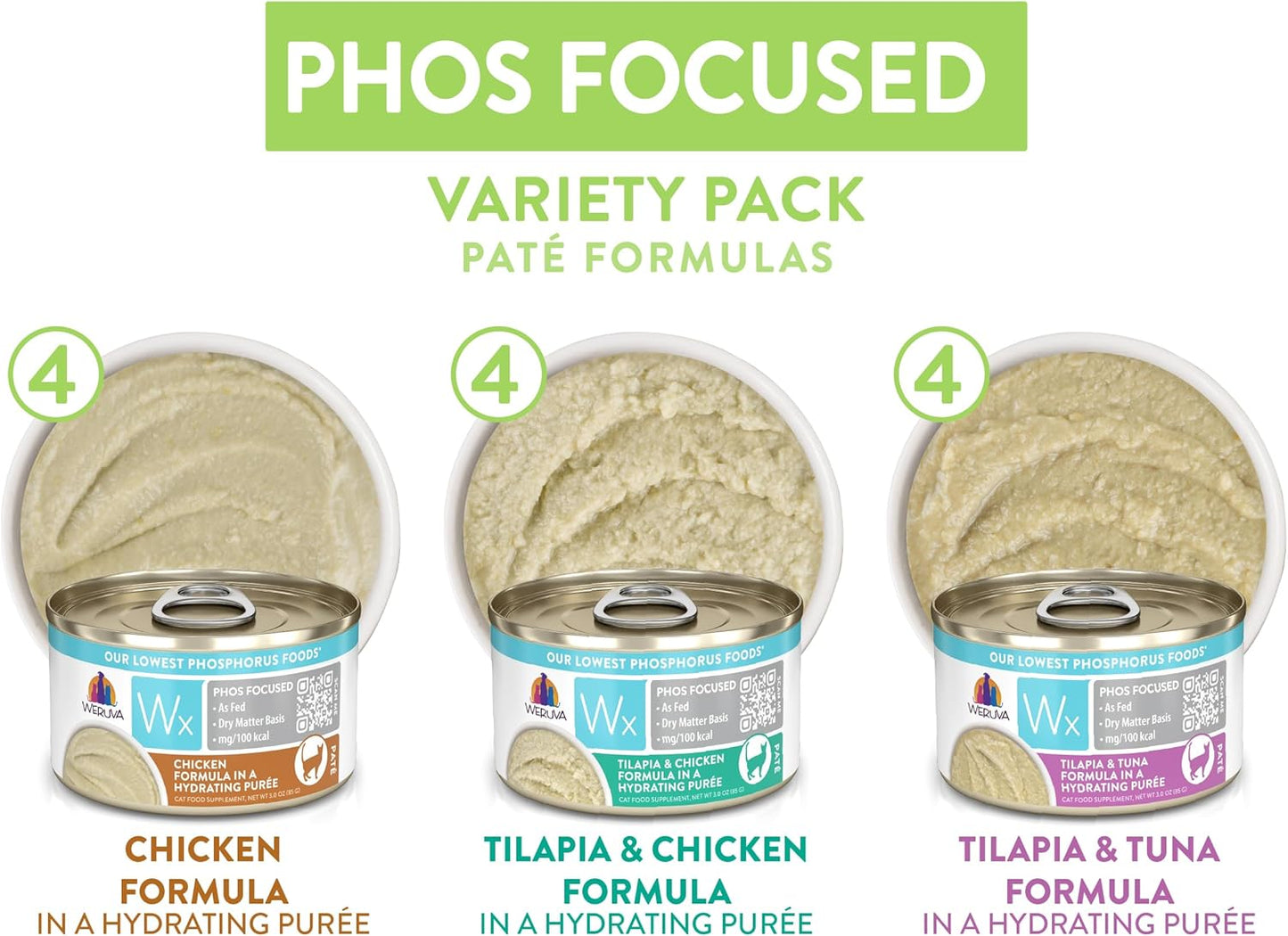 Weruva Wx Phos Focused, Pate Formulas Variety Pack, 3oz Can (Pack of 12)