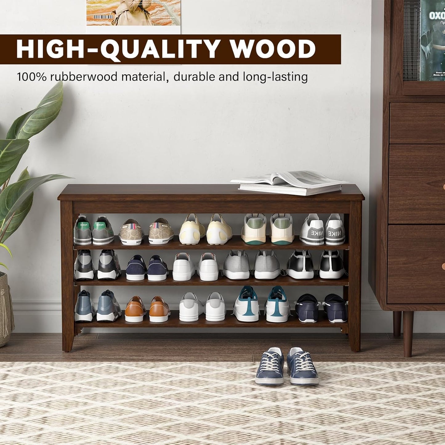 Shoe Bench Storage Rubberwood, Entryway Bench with 3-Tiers Height Adjustable, Shoe Rack Front Door Entrance Organizer for Hallway Living Room, Mudrooms, Walnut,39.4"
