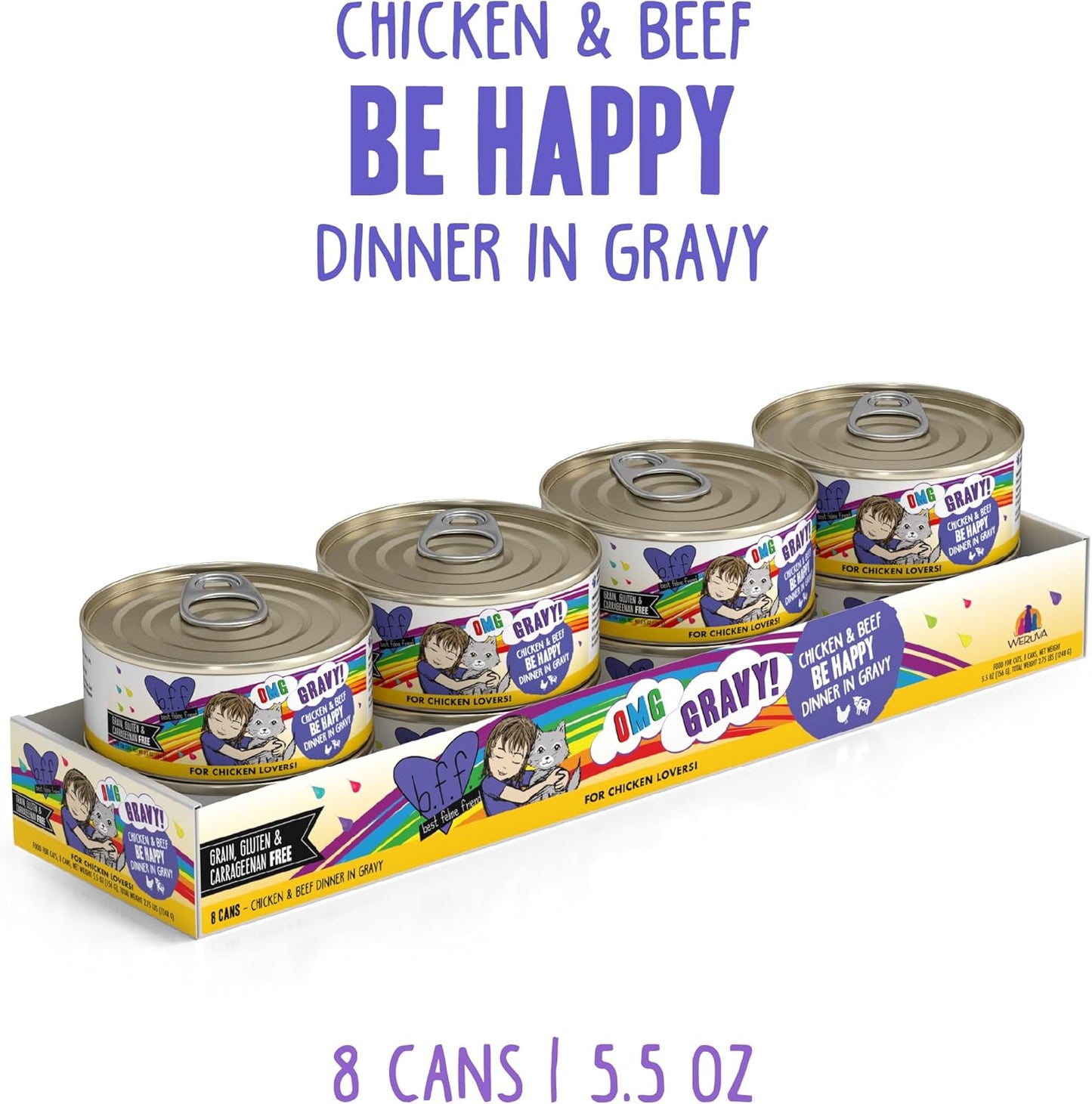 Weruva B.F.F. OMG - Best Feline Friend Oh My Gravy!, Chicken & Beef Be Happy with Chicken & Beef in Gravy, 5.5oz Can (Pack of 8)