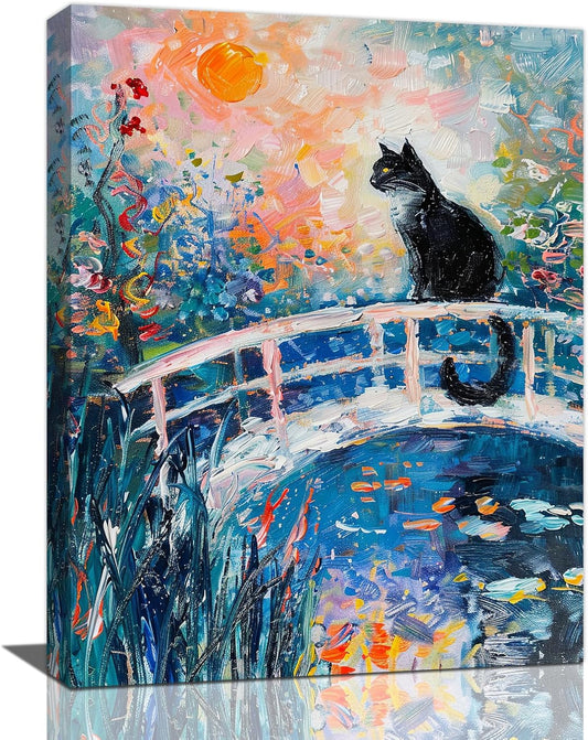 Quorin Black Cat Wall Art Water Lily Sunset Pictures Cat Wall Decor Impressionism Canvas Print Painting Artwork for Bathroom Living Room Bedroom 12"x16"