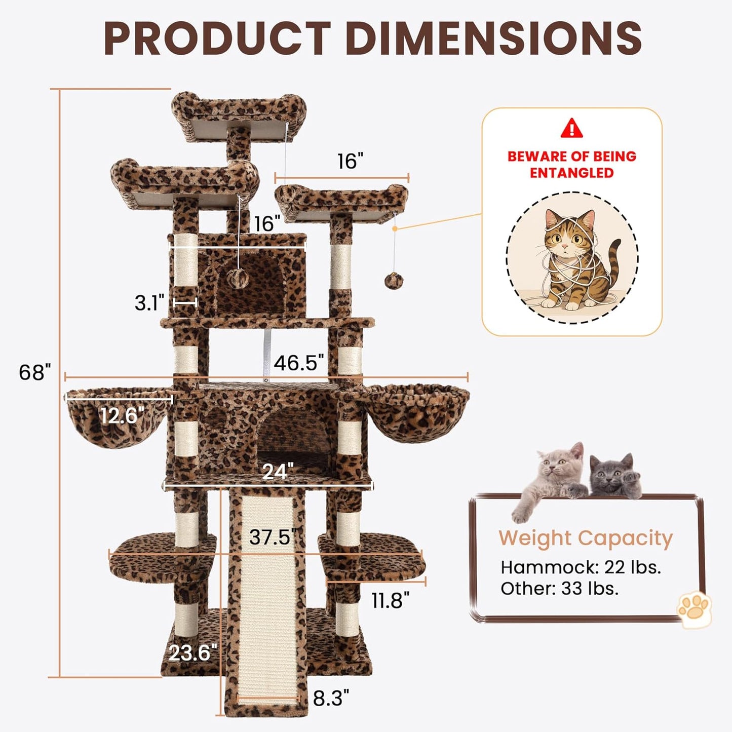 SHA CERLIN 68 Inches Multi-Level Large Cat Tree for Large Kitties/Big Cat Tower with Condo/Cozy Plush ‌Pussycat Perches/Sisal Scratching Posts and Hammocks/Activity Center/Leopard Print