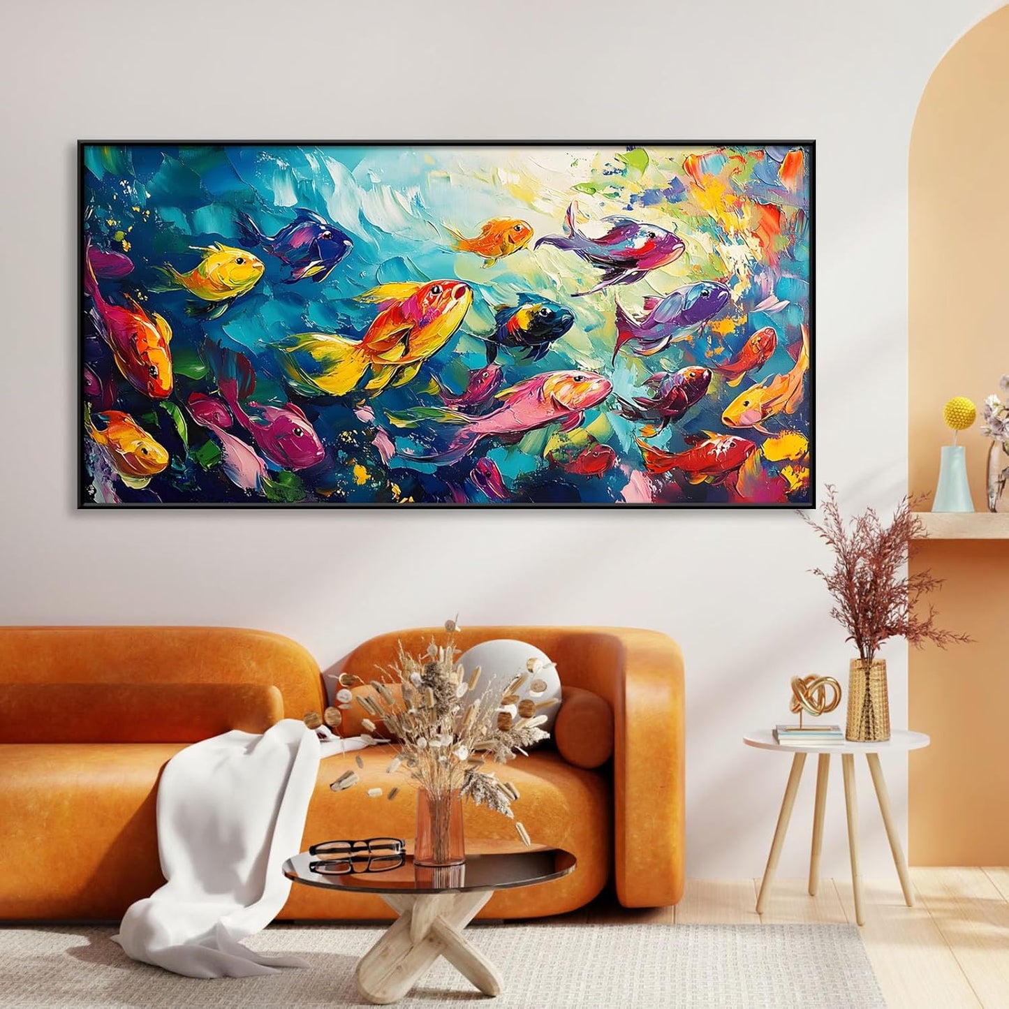 School of Fish Printed Canvas Wall Art – Framed Abstract Ocean Print – Vibrant Fish Wall Decor for Living Room, Bedroom, Office (Black Framed, 55"x27"|140x70cm)