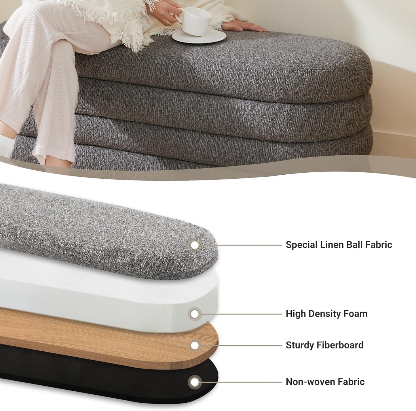 Storage Ottoman Bench 49.2 Inch Upholstered Fabric Storage Bench for Bedroom End of Bed Aesthetic Large Oval Ottoman for Living Room(Grey)