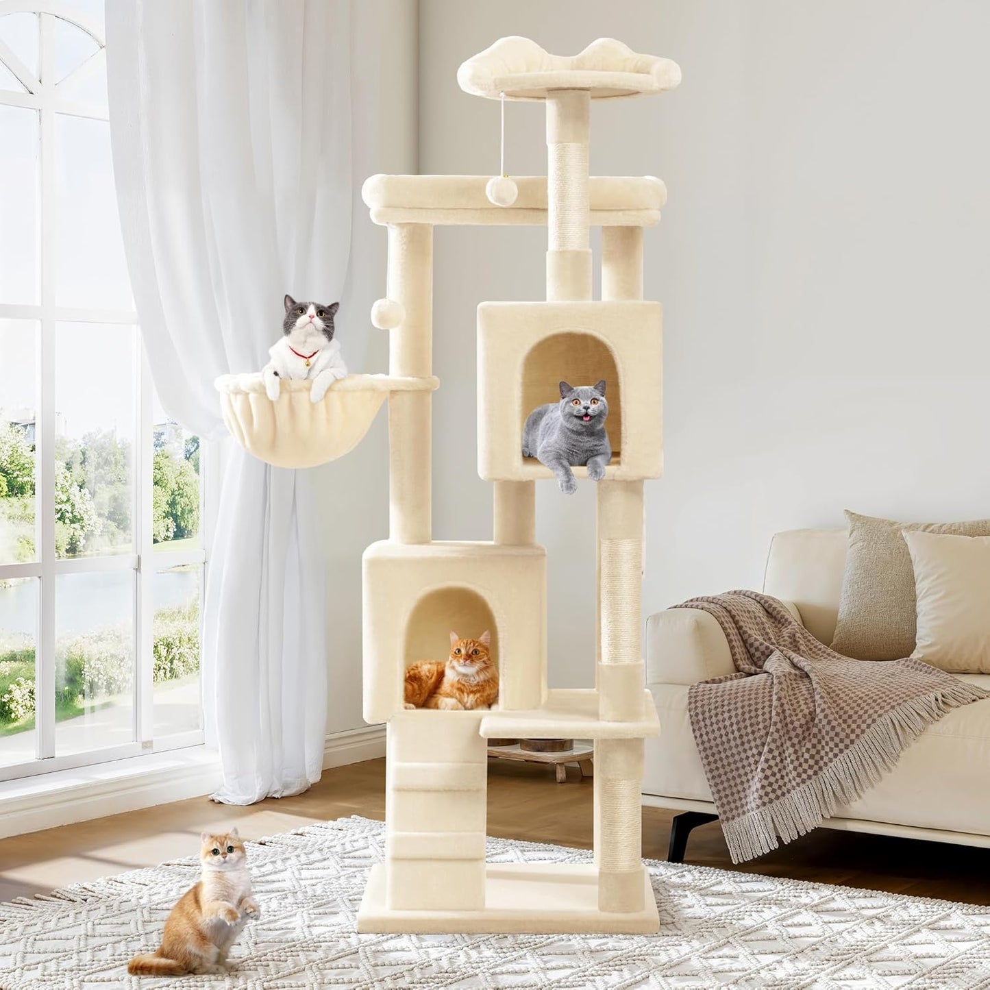 Allewie 64 Inches Cat Tree Tower/Multi-Level Activity Center for Indoor Big Felines/2 Plush Condos/2 Perchs/Basket/House/Sisal Scratching Posts/Hanging Cat Toys/Beige