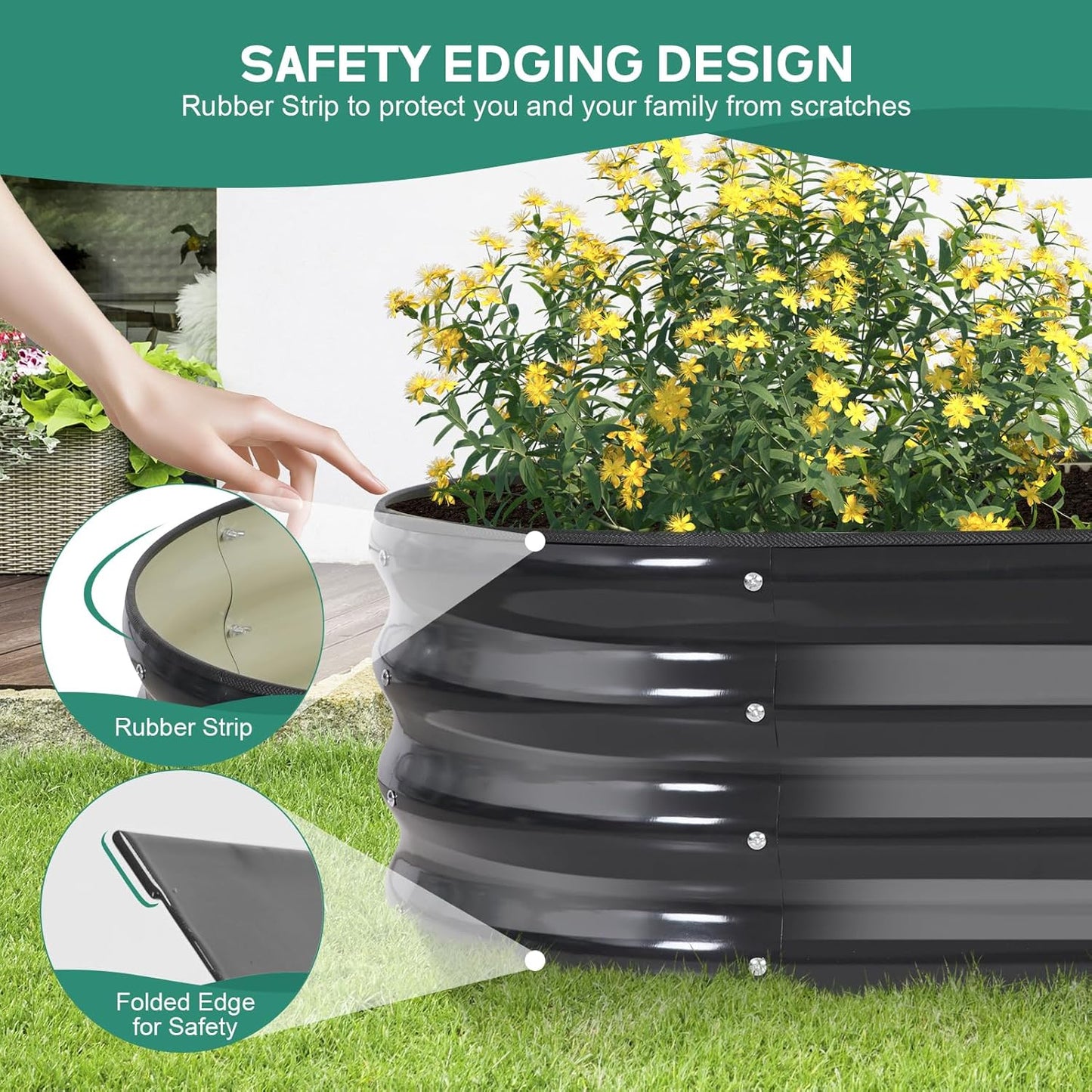 Galvanized Raised Garden Bed Outdoor - 4×2×1ft Planter Raised Beds for Gardening | Oval Metal Garden Planter Box with Safety Edging and Gloves for Vegetables Fruits and Flowers - Grey