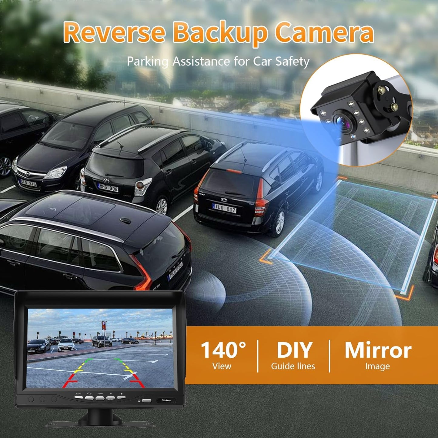 Wired Reverse Backup Camera with 7" Screen, Waterproof IP68, Night Vision Vehicle Camera for Truck, RV, Trailer, Vans, Bus - Tulakeey