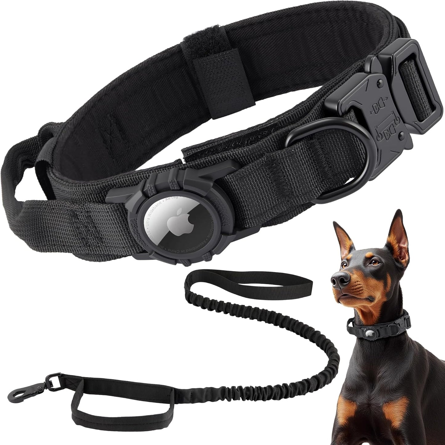 Tactical AirTag Dog Collar Leash Set - Heavy Duty, Adjustable GPS Collar Compatible with Apple AirTag, with Holder & Control Handle for Medium/Large Dogs [ Black, L ]