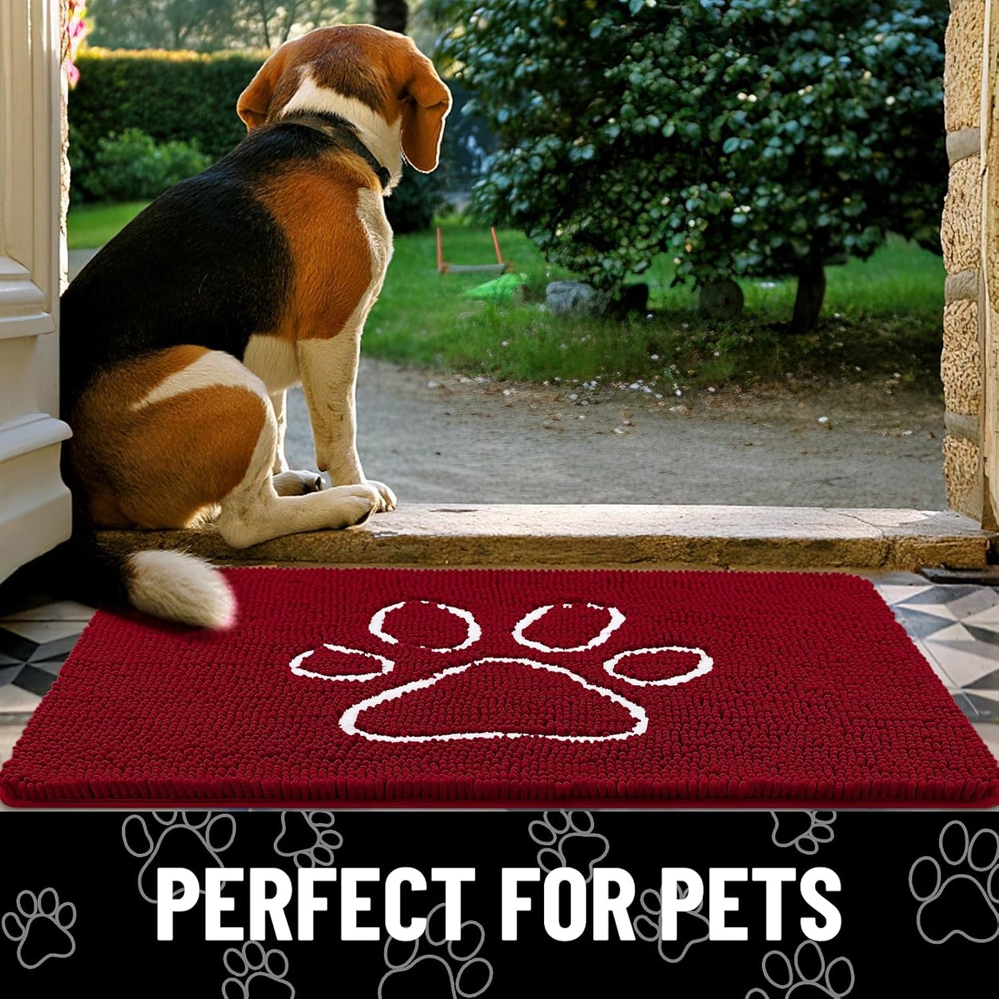 Smiry Dog Door Mat for Muddy Paws, Absorbent Dirt Trapper Non Slip Quick Dry Washable Chenille Mat for Mud Dogs, Entry Rug for Indoor and Outdoor (48x30 Inches, Red)