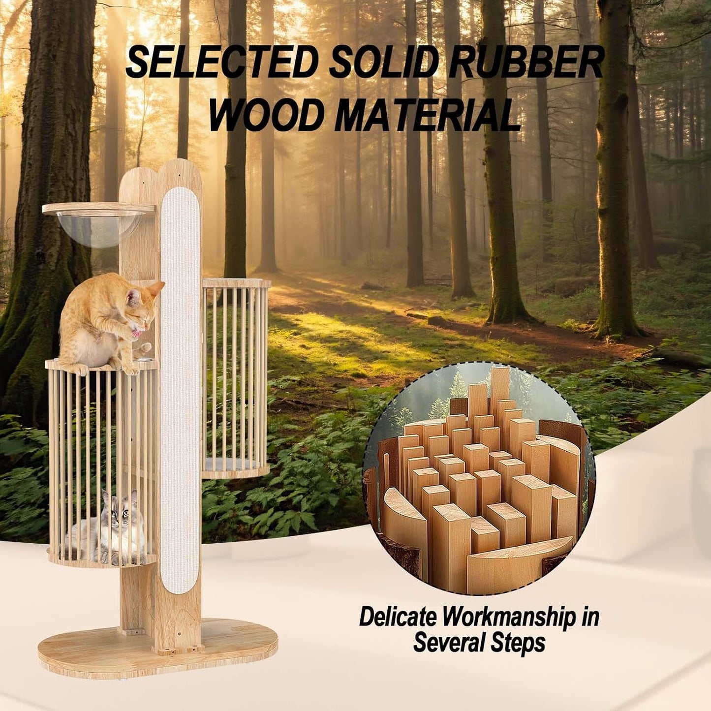 Modern Cat Tree Tower for Indoor Cats, 67" Tall Solid Wooden Cat Tower with Scratching Posts, 6 Level Natural Luxury Cat House with Big Bed, Washable Cushions Cat Furniture for Large Cats White Brown