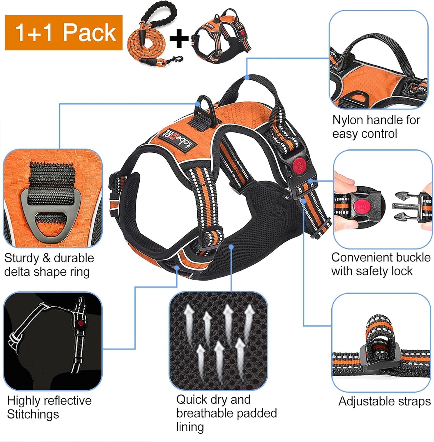 No Pull Dog Harness Adjustable Reflective Oxford Easy Control Medium Large Dog Harness with A Free Heavy Duty 5ft Dog Leash (S (Chest: 17.5"-21"), Orange Harness+Leash)