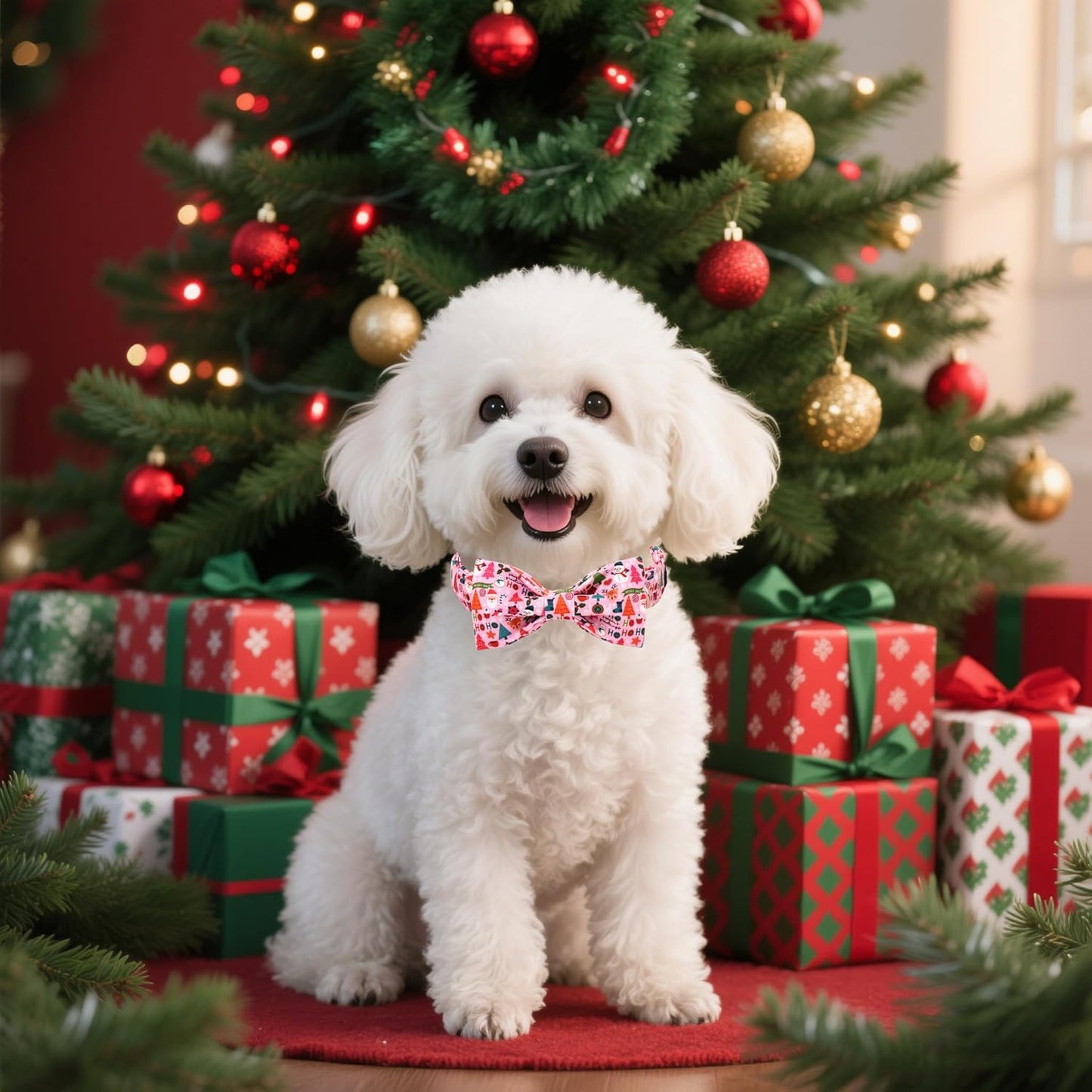 Lionet Paws Christmas Dog Collar with Bow tie,Cute Ho Christmas Tree Snowman Pink Dog Collar Bow Tie for Large Dogs Female, Neck 16-24 inches