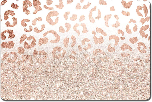 Rnivvi Dog Food Mat, 12" x 19" Leopard Absorbent Dog Cat Bowl Mat for Food and Water, Cute Anti-Slip Rubber Pet Feeding Rug Protect Floors, Puppy Placemat for Feeding & Watering Supplies, Rose