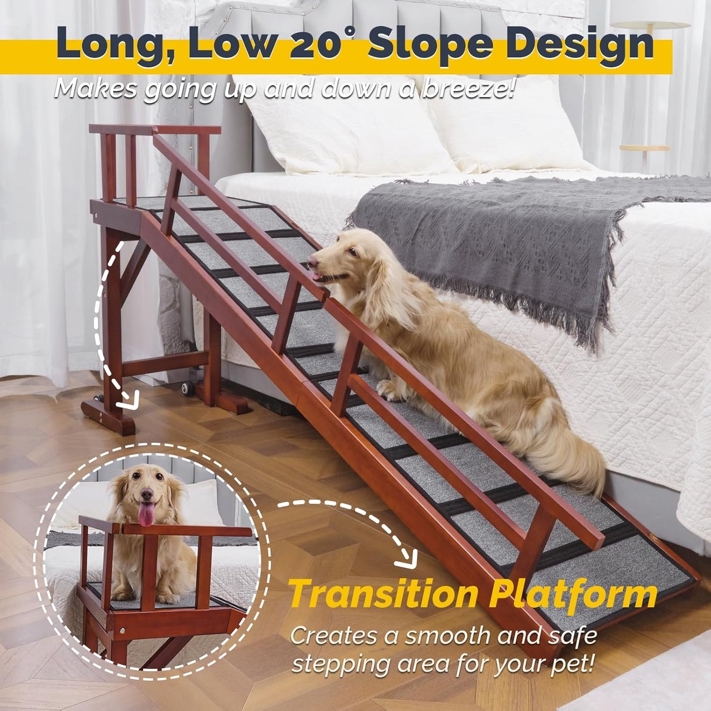 Dog Ramp for Bed or Couch, Wooden Pet Ramp with 20° Gentle Slope, Removable Side Rails, Non-Slip Surface, Top Platform & Wheels, Safe Bed Ramp for Small, Medium & Senior Dogs, 74" Long, Mahogany