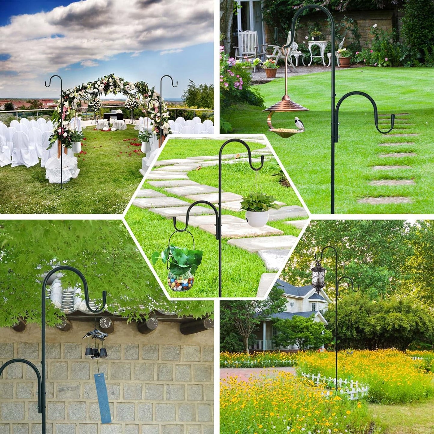 MIPON 2 Pack 78 Inch Double Shepherds Hooks for Outdoor Bird Feeder,Hanging Plants,Solar Light,Adjustable 78/62/46/30 Inch,3/4 Inch Width Heavy Duty Garden Shepards Hook