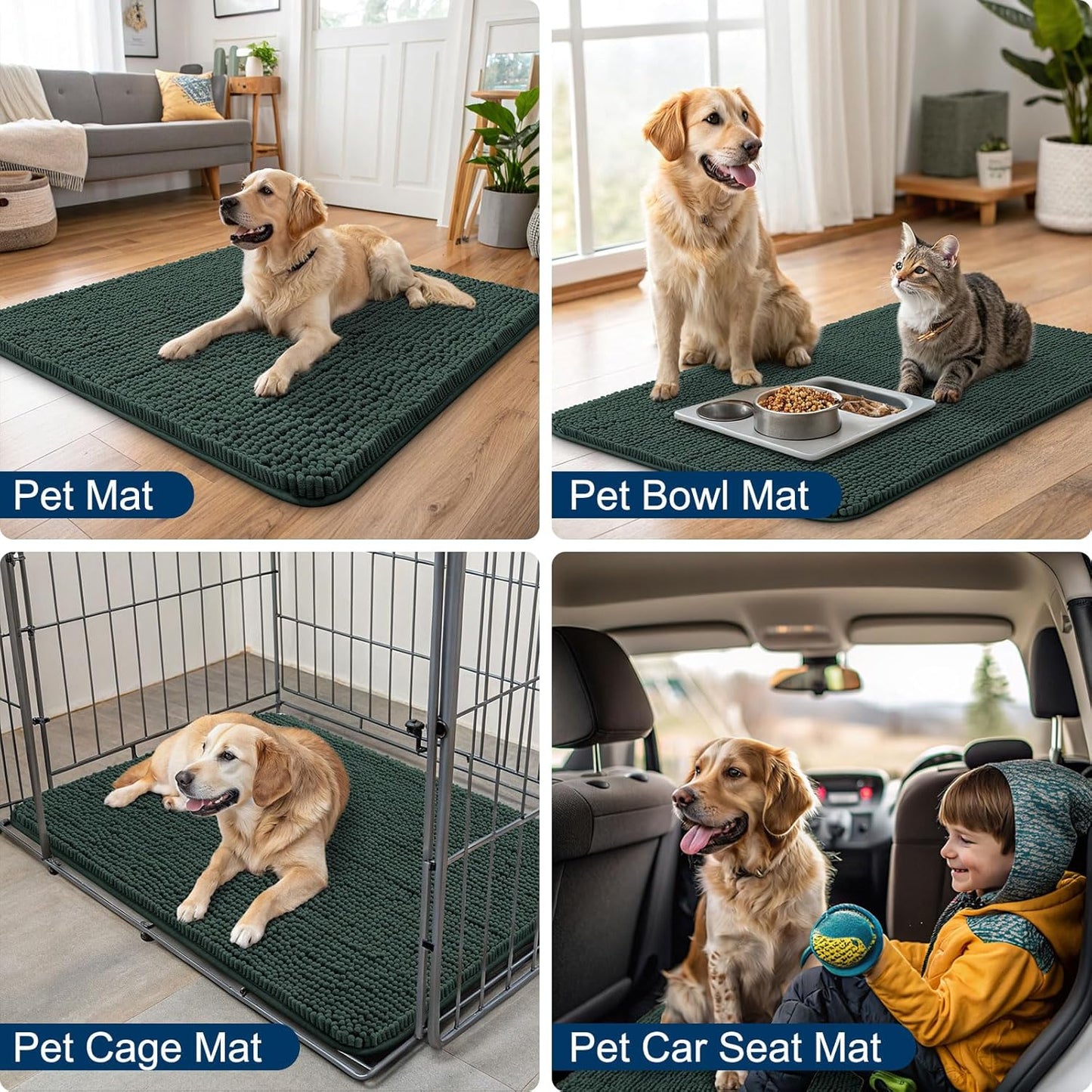 Smiry Dog Door Mat for Muddy Paws 48x30, Absorbs Moisture and Dirt Doormat, Non-Slip Washable Quick Dry Chenille Front Door Mat Indoor Entrance, Entryway Carpet for Inside Floor, Green
