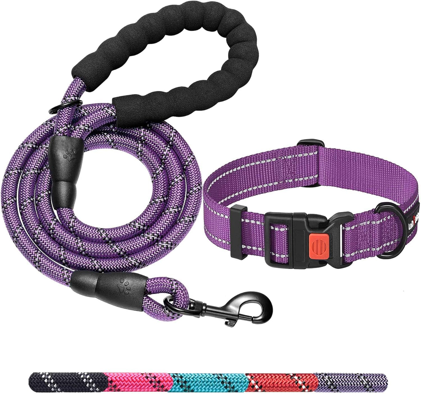 Heavy Duty Dog Leash - Comfortable Padded Handle, 5 ft Long - Dog Leashes for Small Medium Large Dogs (Leash+Collar XS Neck 10.5"-13.5", Purple)
