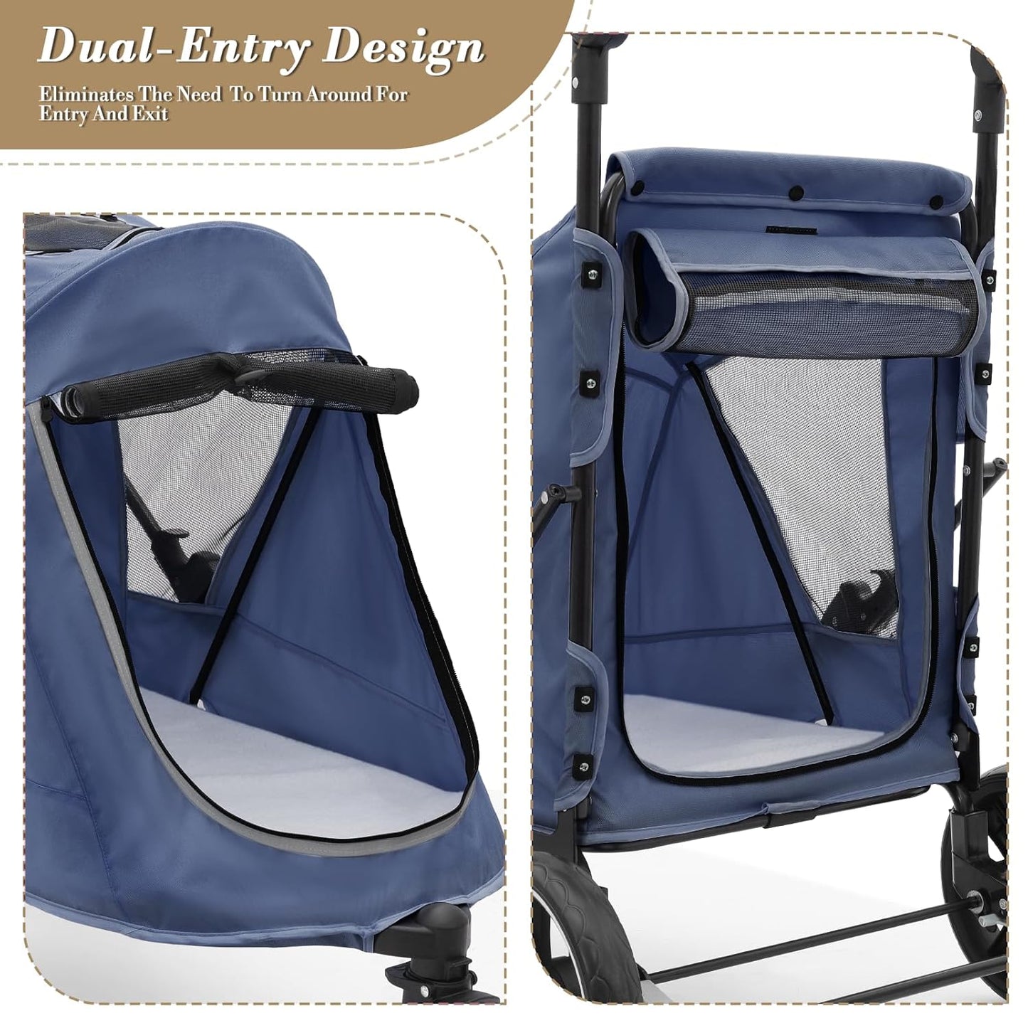 Athena Collection 3 Wheels Pet Stroller Fabric Dog Cart Dog Stroller for Large Dogs 55 Lbs Pet Stroller with Mesh Windows, Zipper Back Pocket, Safety Tether, Angle Adjustable Handlebar, Navy Blue