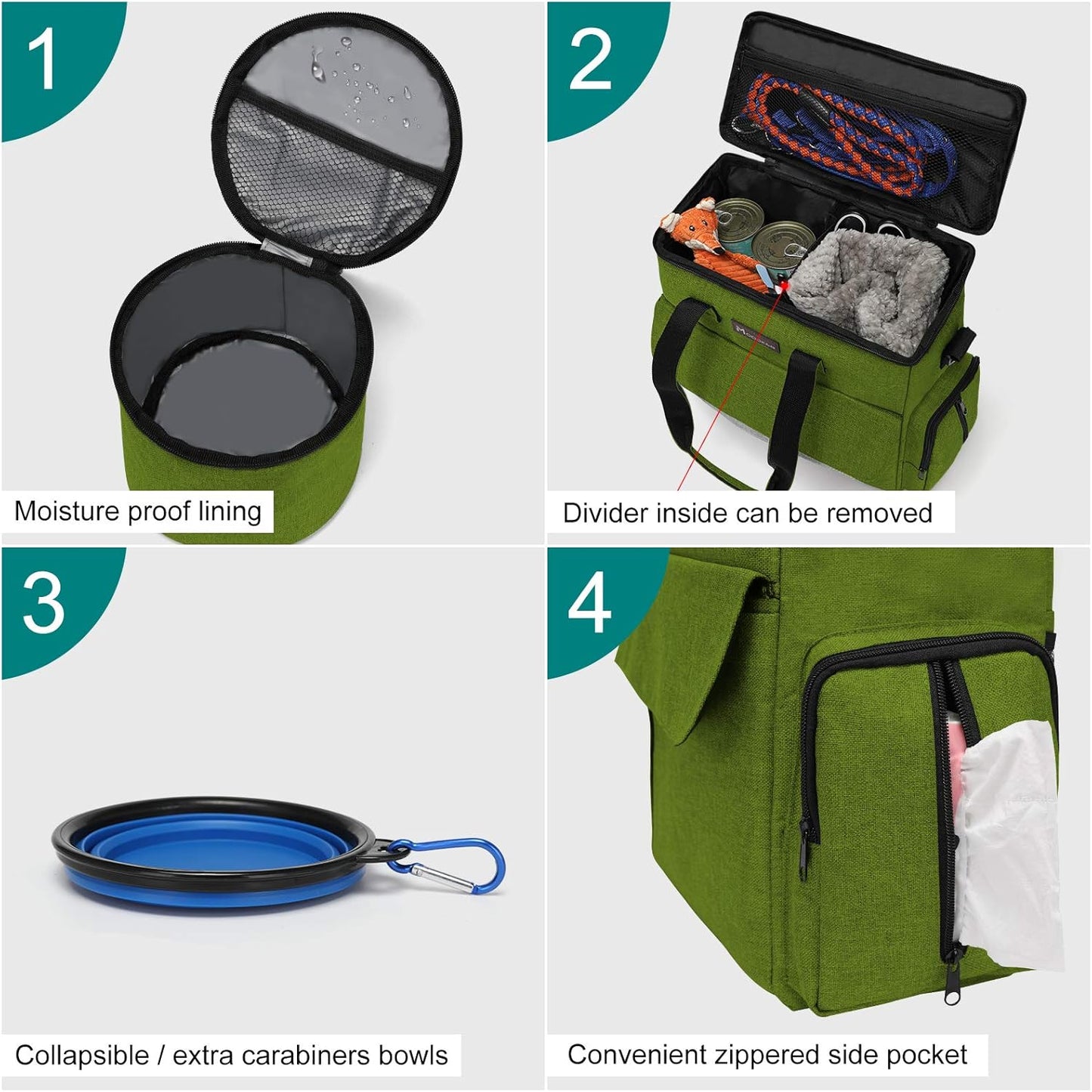 Modoker Dog Travel Bag, Weekend Pet Travel Set for Dog and Cat, Airline Approved Tote Organizer with Multi-Function Pockets and 2 Food Storage Containers, 2 Collapsible Bowls, 1 Feeding Mat (Green)