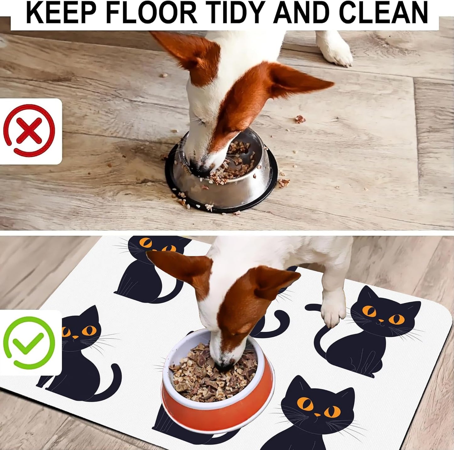 Cute Black Cats Dog Food Mat-Absorbent Pet Feeding Mat for Food and Water Bowl, Quick Dry Dog Placemat with Rubber Backing-No Stains Pet Supplies for Messy Drinkers 16"x24"