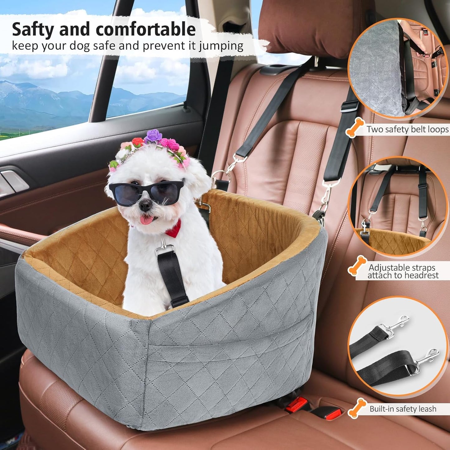 Dog Car Seat for Small Medium Dogs,Detachable Washable Dog Booster Seat Under 30lbs, Pet Car Seat Travel Bed with Storage Pockets and Dog Safety Belt(Grey/Brown)
