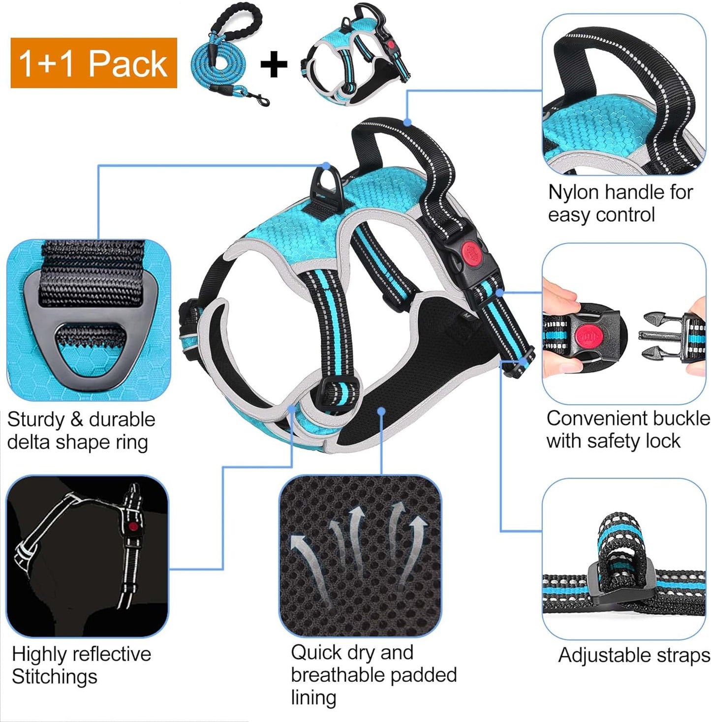 No Pull Dog Harness Adjustable Reflective Oxford Easy Control Medium Large Dog Harness with A Free Heavy Duty 5ft Leash