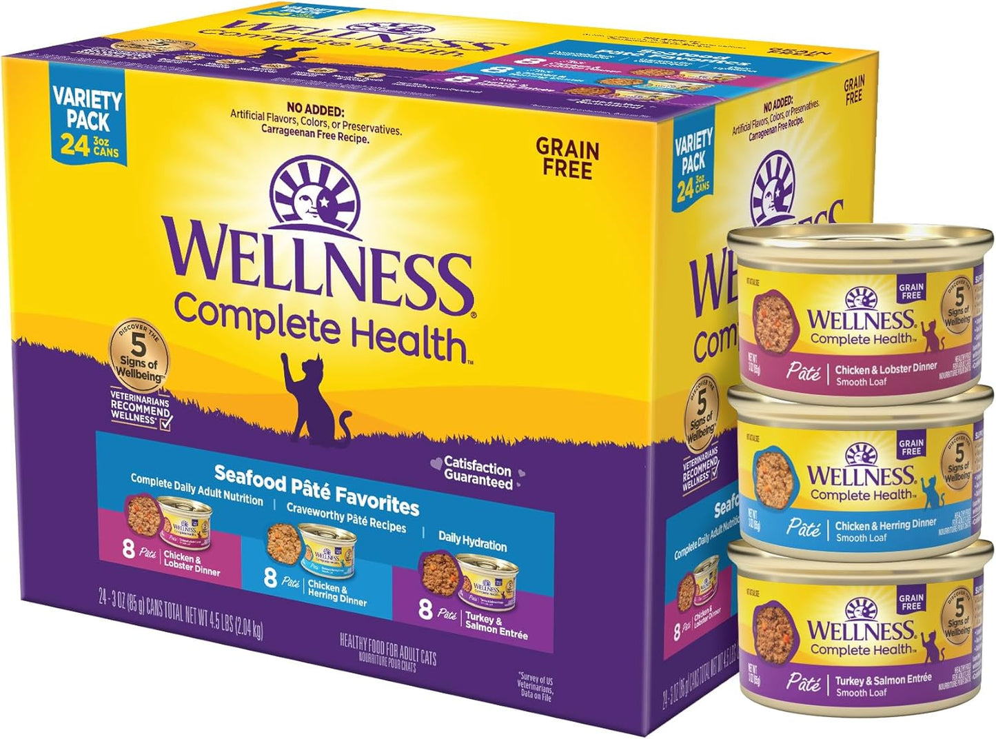 Wellness Complete Health Pate Adult Wet Cat Food, Natural, Protein-Rich, Grain-Free, 3 Ounce, 24 Pack, (Seafood Favorites Variety Pack)