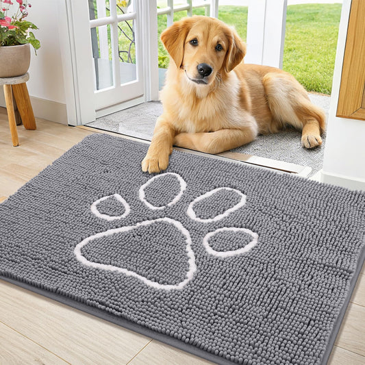 Smiry Dog Door Mat for Muddy Paws, Absorbent Dirt Trapper Non Slip Quick Dry Washable Chenille Mat for Mud Dogs, Entry Rug for Indoor and Outdoor (36x24 Inches, Grey and White)
