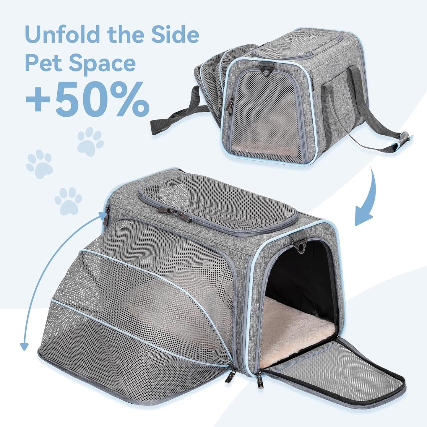 Petsfit Expandable Cat Carrier Dog Carriers,Airline Approved Soft-Sided Portable Pet Travel Washable Carrier for Kittens,Puppies,Removable Soft Plush mat and Pockets,Locking Safety Zippers