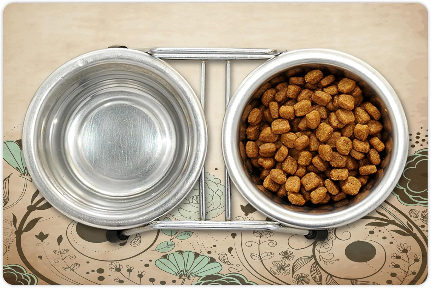 Lunarable Abstract Pet Mat for Food and Water, Old Dated Vintage Retro Antique Image with Floral Swirls Art Print, Non-Slip Rubber Mat for Dogs and Cats, 18" X 12", Brown Turquoise