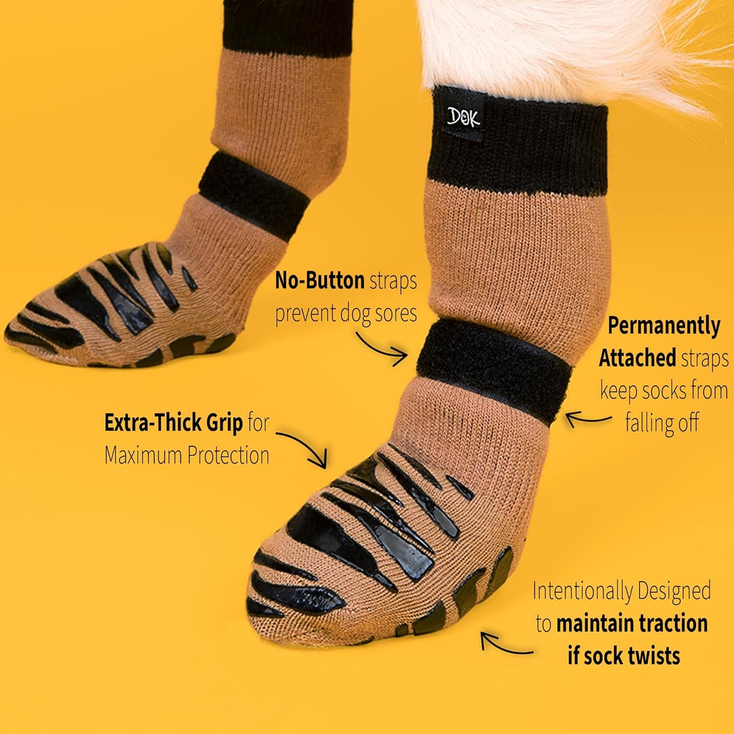 DOK TigerToes Premium Non-Slip Dog Socks for Hardwood Floors - Extra-Thick Grip That Works Even When Twisted - Prevents Licking, Slipping, and Great for Dog Paw Protection (Cool Caramel, Small)